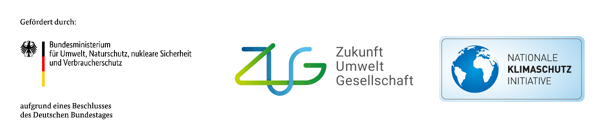 Logo Bundesministeriums für Umwelt, Naturschutz, nukleare Sicherheit und Verbraucherschutz, Logo Projektträger ZUG (Zukunft, Umwelt, Gesellschaft), Logo Nationale Klimaschutz Initiative