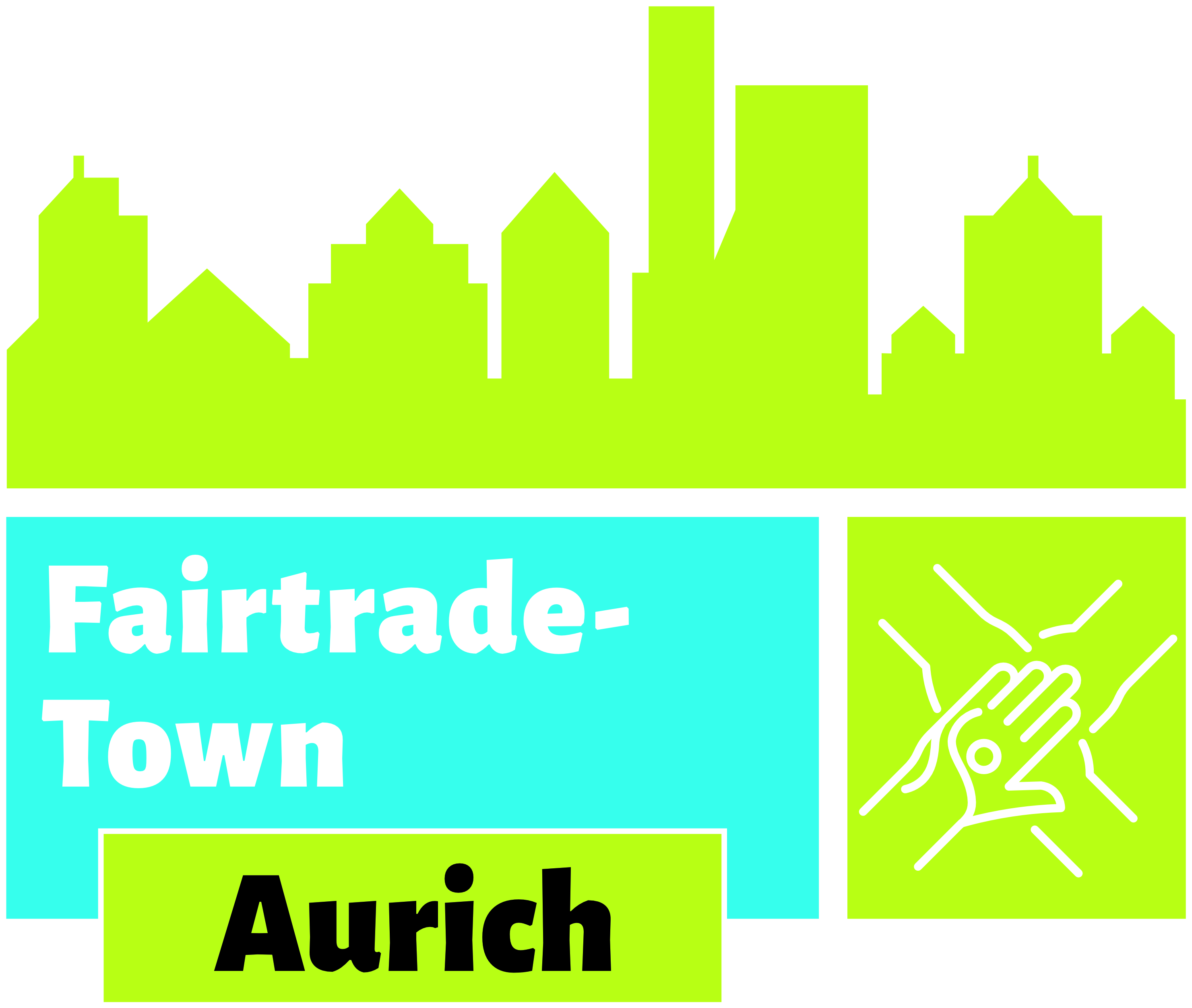 das Logo der Fairtrade-Stadt Aurich, mit einem stilisierten Stadtbild im Hintergrund