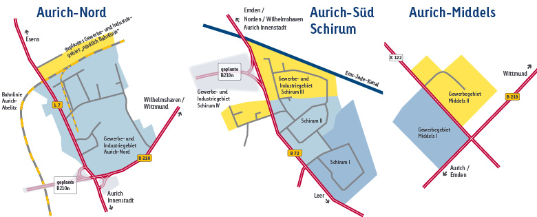 Eine Übersichtskarte mit den Gewerbegebieten Aurich-Nord, Aurich-Süd Schirum und Aurich-Middels