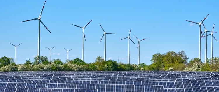 Eine Photovoltaikanlage im Vordergrund und Windkraftanlagen im Hintergrund