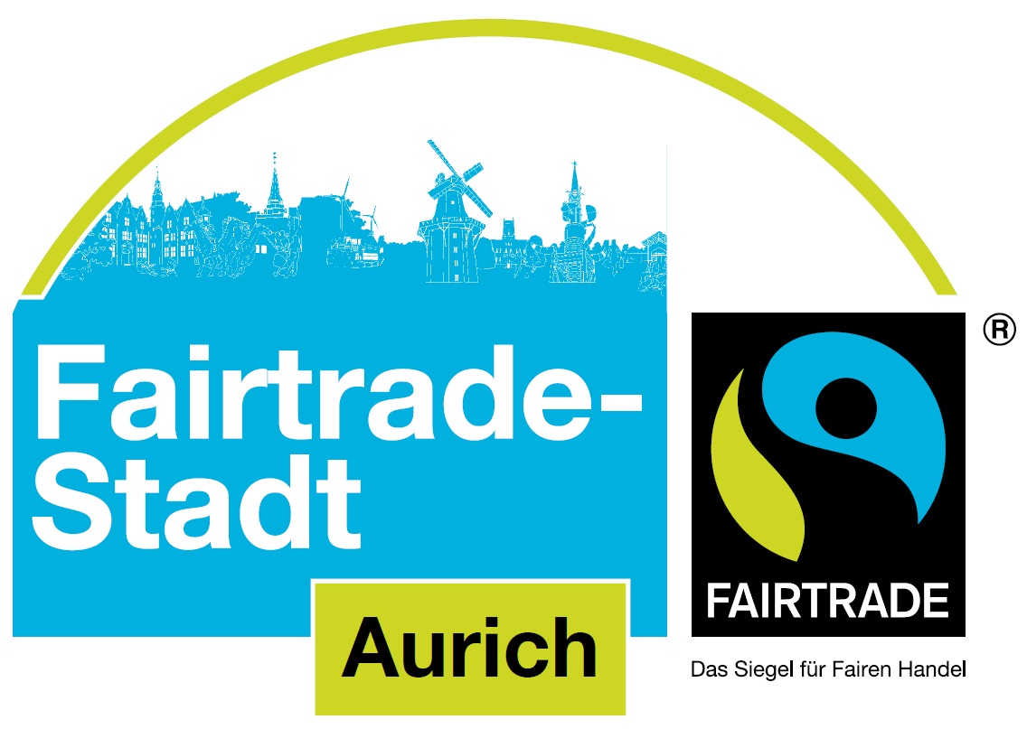 das Logo der Fairtrade-Stadt Aurich, mit einem stilisierten Stadtbild im Hintergrund