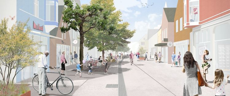 Zeichnung der Burgstraße mit Passanten. Rechts und links die Geschäfte. 
