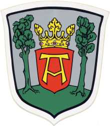 Auricher Stadtwappen. In silber und auf grünem Boden zeigt das Wappen der Stadt zwischen zwei grünen Bäumen einen gekrönten roten Schild. Darin ein goldenes gotisches großes A. Die Farben der Stadt sind rot-gold. 