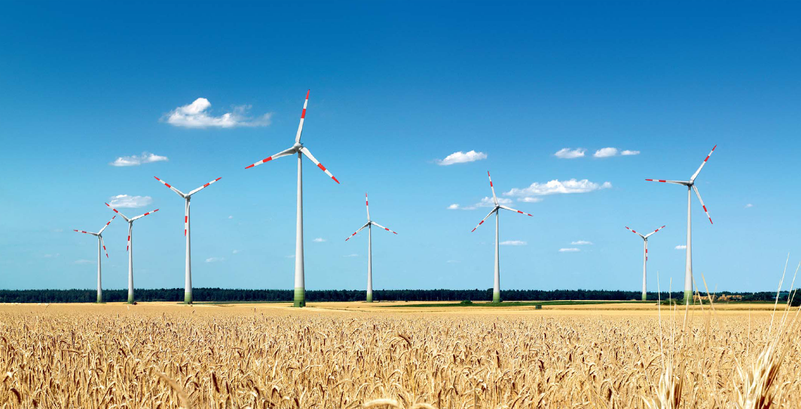 Windkraftanlagen stehen in der Landschaft. Im Vordergrund ein Kornfeld.  