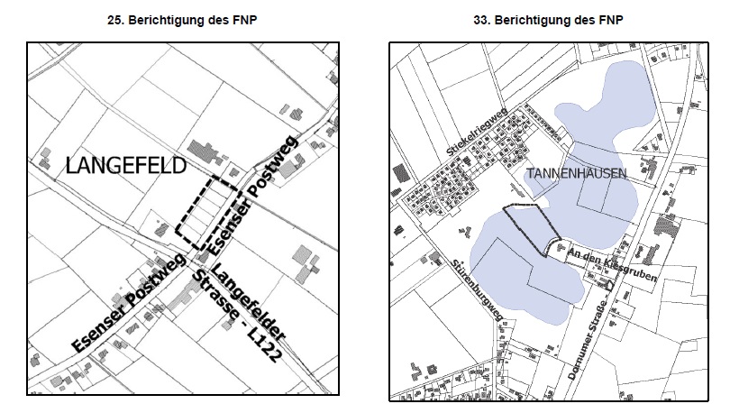 Kartenausschnitt Geltungsbereiche der 25. Berichtigung Flächennutzungsplan und 33. Berichtigung Flächennutzungsplan